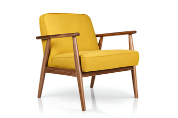Fototapeta premium Vibrant yellow armchair with modern wooden frame offers stylish comfort and a pop of color to any contemporary living space.