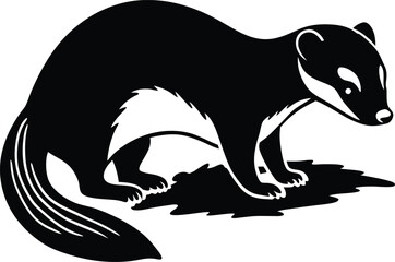 Black and White Vector Illustration of a Stoat Standing on Leaves on white background