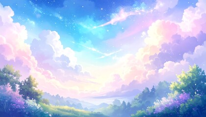 Obraz premium Pastel landscape of a serene sky and rolling hills