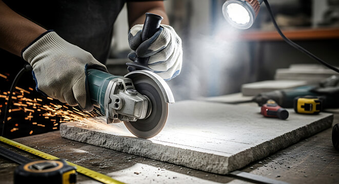 Craftsman's hands skillfully using an angle grinder to cut stone with flying sparks in a workshop