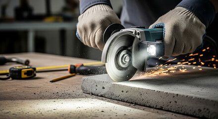 Worker Using Angle Grinder Cutting Concrete, Sparks Flying, Construction, Close-Up