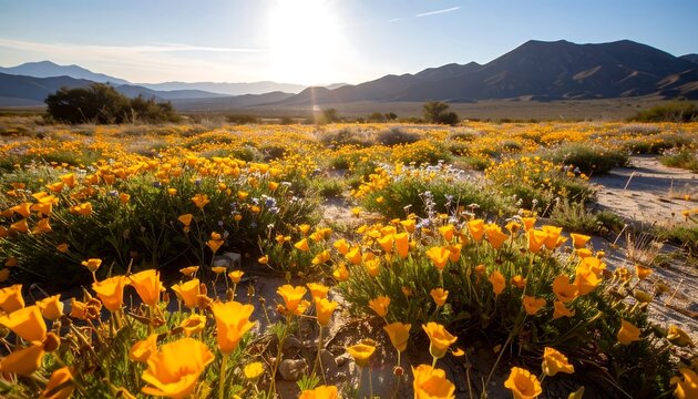 Vast wildflowers blanket a desert landscape at sunrise - Powered by Adobe