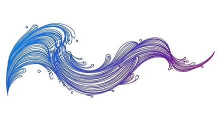 Illustration of a stylized line art wave in blue and purple, with water splashes