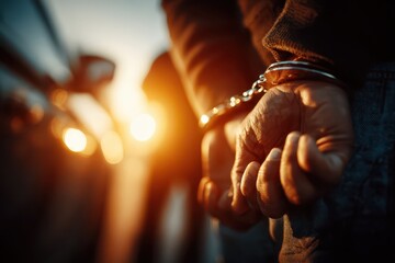 Close-up of an arrested man's hands in handcuffs, standing near a police car at golden hour, conveying a sense of law enforcement and justice, illuminated by sunlight.