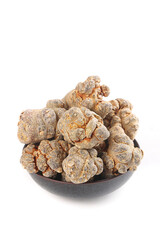 Chinese Panax Pseudoginseng Wenshan Notoginseng Medicinal Herbs Closeup in Wooden Bowl Traditional Medicine