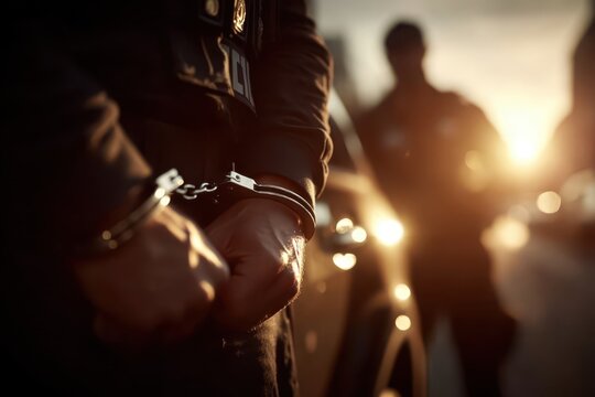 A close-up shot of hands in handcuffs with law enforcement officers standing in the background, creating a dramatic and evocative scene of justice and consequence.