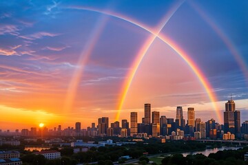 Double Rainbow over City Skyline Sunset - Cityscapes