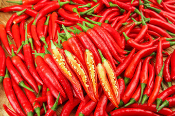 Fresh Red Chili Peppers at Farmers Market - Spicy Hot Vegetables for Cooking