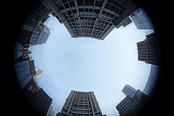 Fisheye Cityscape: Modern Buildings & Sky - Architectural Photography