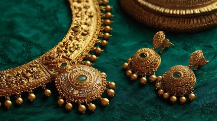 Elegant traditional gold jewelry with intricate designs and embedded gemstones on a green background.