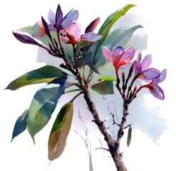 Vibrant watercolor illustration of plumeria flowers and leaves