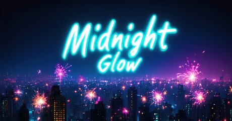 Cityscape glows with vibrant fireworks. Neon text overlays dark urban scene. Bright colors create festive atmosphere.