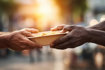 Obraz premium Hands passing food in a disposable container, conveying charity, generosity and hope during a warm sunny day, highlighting social responsibility and community spirit.