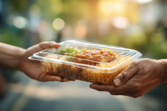 Close-up of hands holding a takeaway container filled with noodles and savory sauce, showcasing delicious and convenient meal options for on-the-go lifestyles.