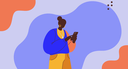 Modern illustration of a woman confidently using her smartphone for digital communication and online interaction. Ideal for technology, lifestyle, and business concepts.