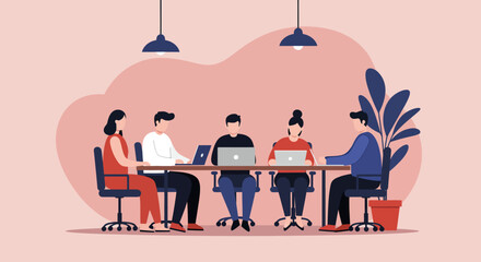 Diverse business team collaborating in a modern office, working on laptops during a productive meeting. Ideal for concepts of teamwork, innovation, and workplace efficiency.