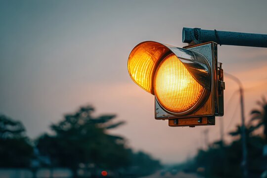 Illuminated yellow traffic signal with an orange sunset backdrop, caution ahead, stay safe, drive slowly, proceed with care, signaling change and waiting, city life.