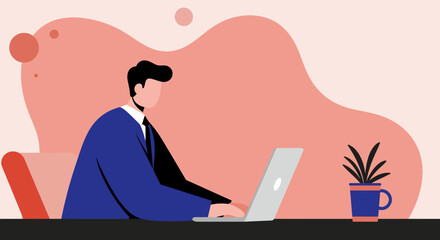 Professional businessman working diligently on his laptop at a desk in a modern office, symbolizing productivity, online communication, and remote work.