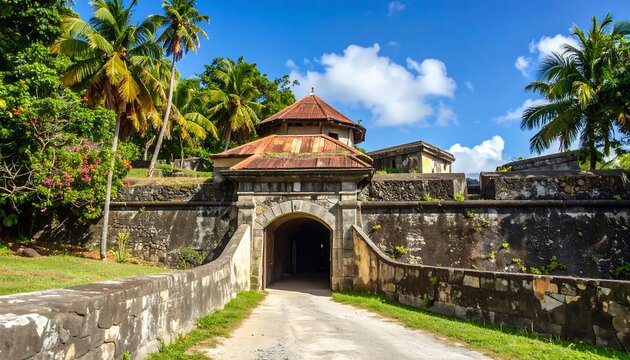 Ancient stone gatehouse, lush tropical setting