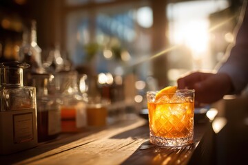Close-up of a well-crafted Old Fashioned cocktail with ice and orange zest on wooden bar with bartender and vintage bottles in the background, bathed in warm sunlight.