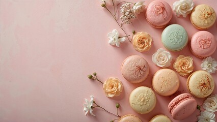 Colorful macaroons on a vibrant background, showcasing bright pastel shades and sweet dessert charm, creating a playful and appetizing composition perfect for bakery, cafe, and confectionery design