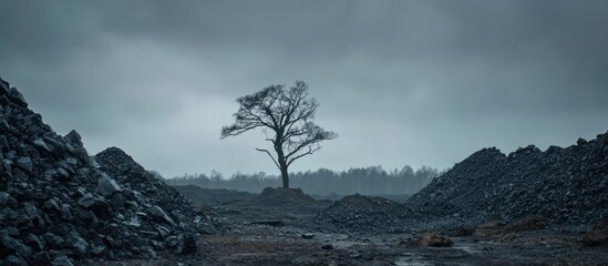 Solitary Tree Standing in Rocky Landscape Under Cloudy Sky