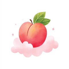 Watercolor Peach Resting on a Pink Cloud with Green Leaves and Sparkles