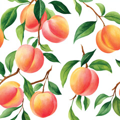 Watercolor Peaches on Branch with Lush Green Leaves