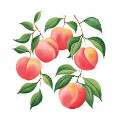 Watercolor Peaches on Branches with Lush Green Leaves Artistic Fruit Illustration
