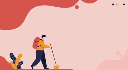 Flat illustration of a person with a backpack and walking stick, hiking outdoors. Represents adventure, travel, exploration, and an active lifestyle.
