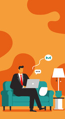 Professional businessman works from home on a laptop, receiving messages and emails. Illustrates remote work, online communication, and modern productivity.