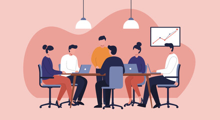 Diverse team collaborating in an office meeting, discussing business strategy and analyzing data for project success and growth.