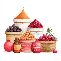 Watercolor painting of dates pomegranates berries and spices in decorative containers