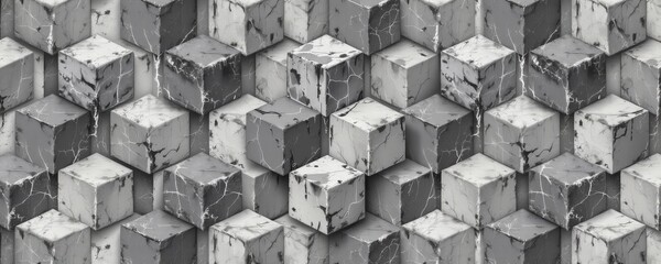 The image features a close up view of a wall made up of numerous three dimensional cubical blocks arranged in a tight, orderly pattern