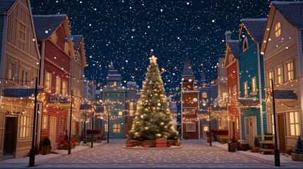 Obraz premium Christmas town square with tree lights snow holiday festive season
