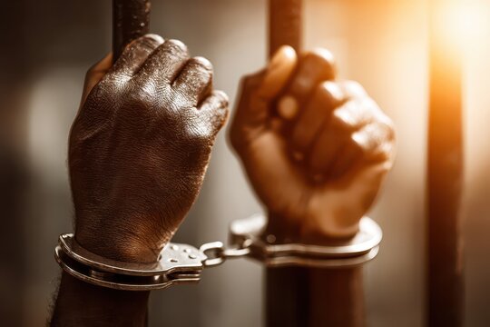 A dark-skinned person is shown holding prison bars with handcuffs, symbolizing incarceration, justice, and the fight for freedom within the criminal justice system.