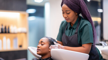 Hair stylist washing clients hair in a sleek white basin 
