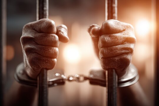 A close-up of hands gripping prison bars, symbolizing confinement and loss of freedom, with handcuffs in sharp focus and a warm, hopeful light in the background.