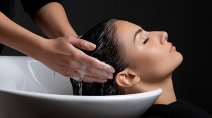 Hair stylist washing clients hair in a sleek white basin with clear professional backdrop