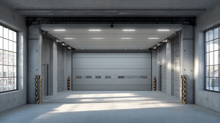 garage entrance with sectional doors 3d illustration.