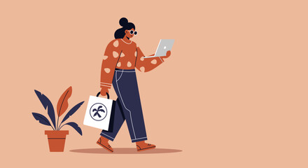 Modern woman multitasking, walking with a laptop and a shopping bag. Represents remote work, online shopping, and a dynamic lifestyle.