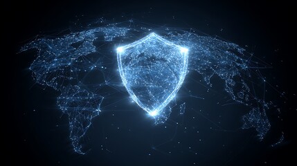 Global cybersecurity with shield icon protects world map network.