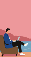 Creative professional working on a laptop in a tranquil, scenic outdoor setting. Ideal for remote work, digital nomad, and flexible lifestyle concepts.