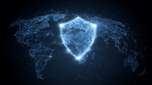 Global cybersecurity with shield icon protects world map network.