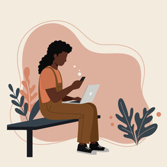 Illustration of a person using a laptop and smartphone simultaneously on a bench, symbolizing modern remote work, digital communication, and connected lifestyle.