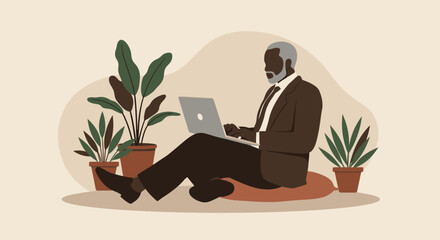 Senior Black businessman working comfortably on a laptop amidst potted plants, representing remote work, freelance, and a modern, flexible lifestyle.