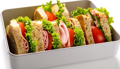 Several ham and cheese sandwiches in a gray container