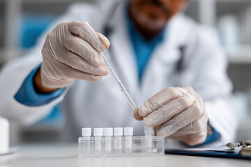 Allergist preparing allergy skin test kit, sterile medical office background