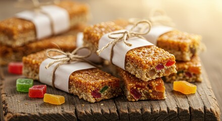 Naklejka premium Homemade Nut and Fruit Bars on Rustic Wooden Surface with Colorful Candy Accents