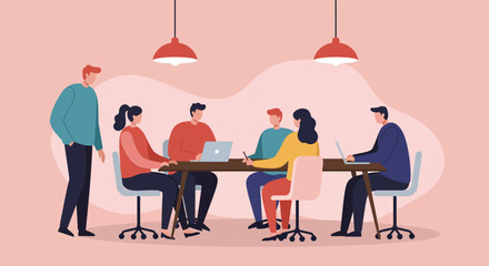 Diverse business team collaborating in a modern office meeting, discussing projects with laptops. Represents teamwork, productivity, and professional communication in a corporate setting.